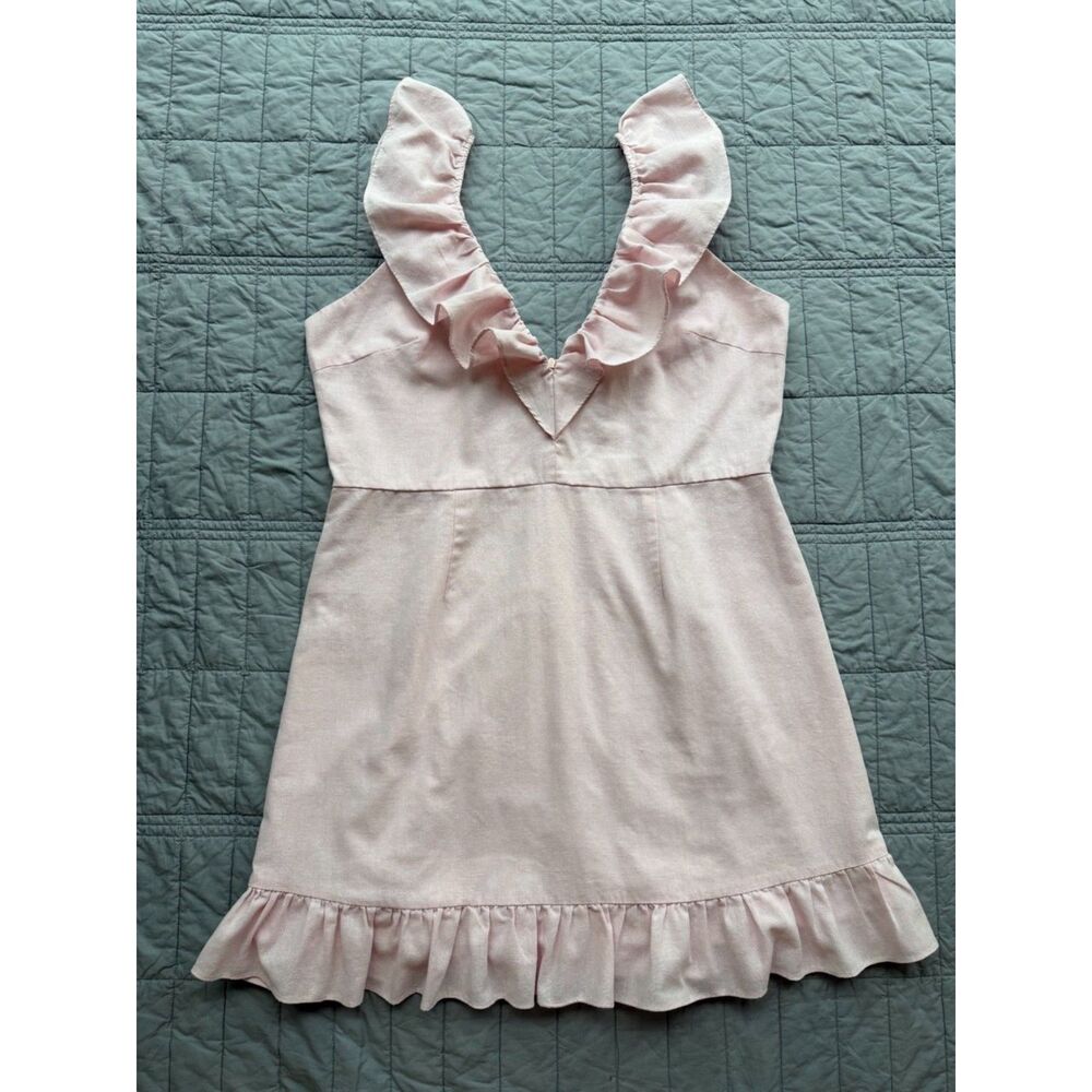 Showpo Pink Linen Blend Ruffle Mini Dress Women’s US 12 Cottagecore